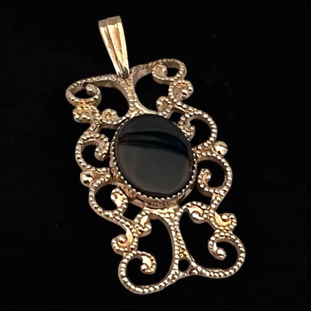 Vintage 1950s Filigree Pendant Brown Glass Cabochon Gold Filled - 7S
